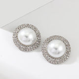 Oversized Pearl Earrings Double Row Rhinestones Stud Earrings