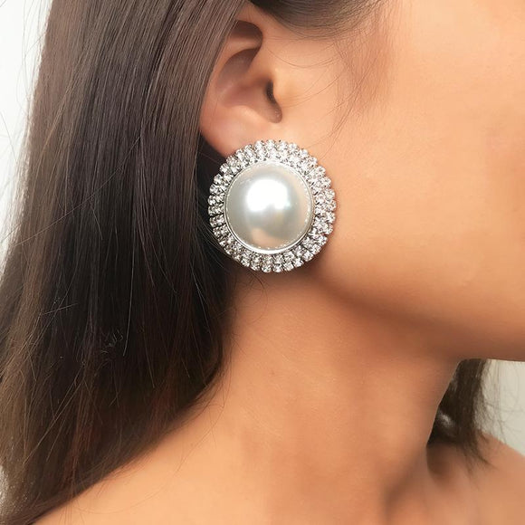 Oversized Pearl Earrings Double Row Rhinestones Stud Earrings