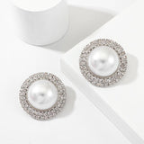 Oversized Pearl Earrings Double Row Rhinestones Stud Earrings