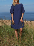 Round Neck Hem Five-Sleeve Cotton-Linen Casual Dress