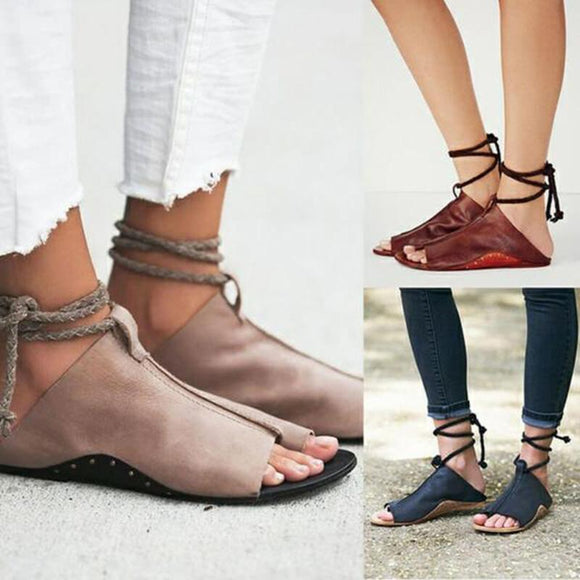 Women Chic Flat Heel Gladiator Sandals Flip Flops Lace Up Shoes