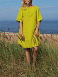 Round Neck Hem Five-Sleeve Cotton-Linen Casual Dress