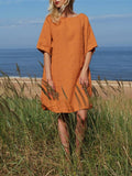 Round Neck Hem Five-Sleeve Cotton-Linen Casual Dress