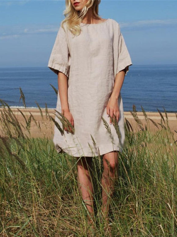 Round Neck Hem Five-Sleeve Cotton-Linen Casual Dress