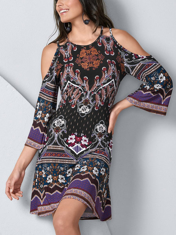 Ethnic Pattern Printed Off-shoulder Casual Dress