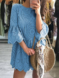 Solid Color Cropped Sleeve Lace Embroidered Casual Dress