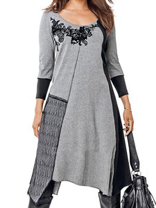 Round Neck Print Long Sleeve Paneled Casual Dress