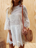 Solid Color Cropped Sleeve Lace Embroidered Casual Dress