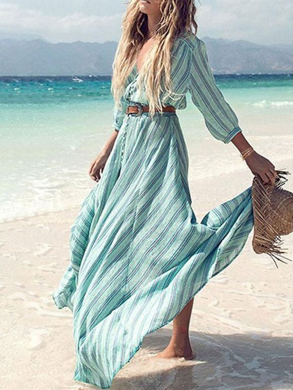 V-neck Striped Vacation Casual Dress